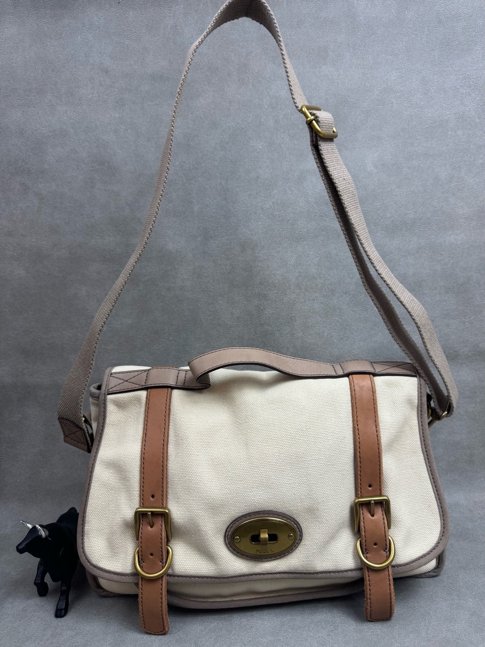 Fossil Cream Canvas Crossbody with brown Leather Trim